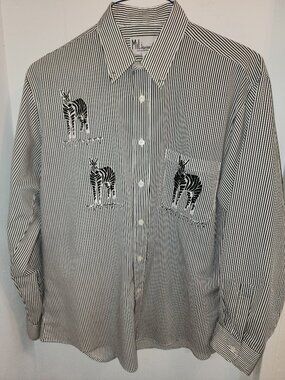 Mili Design Women’s M Long Sleeve Shirt – Black/White Stripes, Zebra Embroidery,